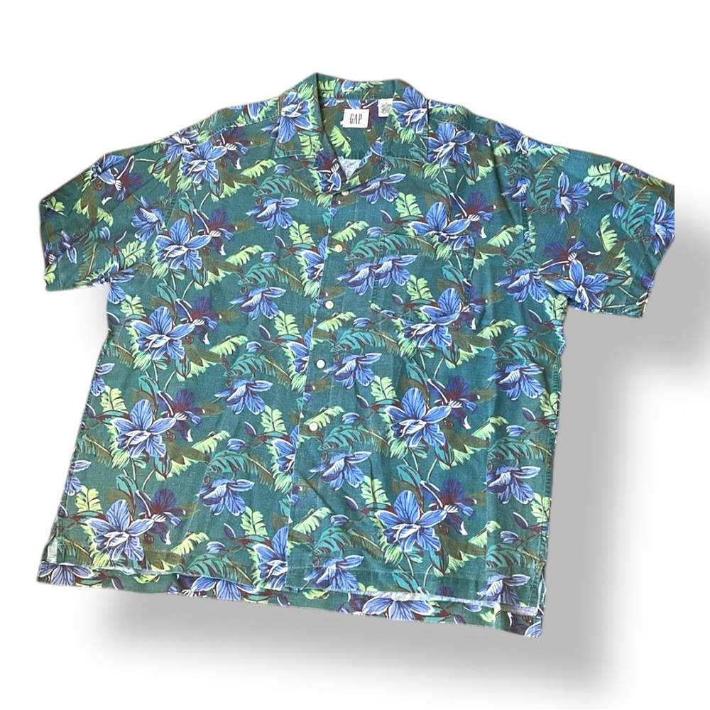 Men’s Vintage GAP Linen Blend Green Tropical Hawaiian Shirt, Size Large